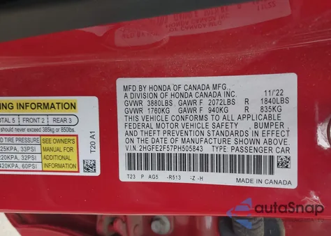 2023 Honda Civic Sport from USA, damaged, VIN 2HGFE2F57PH505843